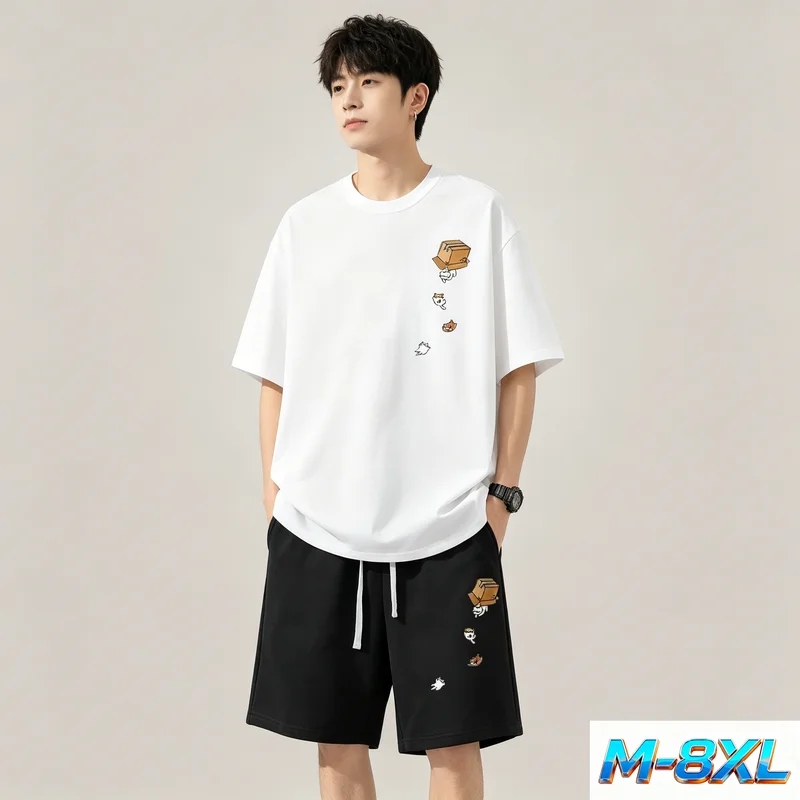 Daily Casual Loose Large Size M-8XL Set Cat Print T Shirt Drawstring Shorts Unisex Couple Style - Image 2