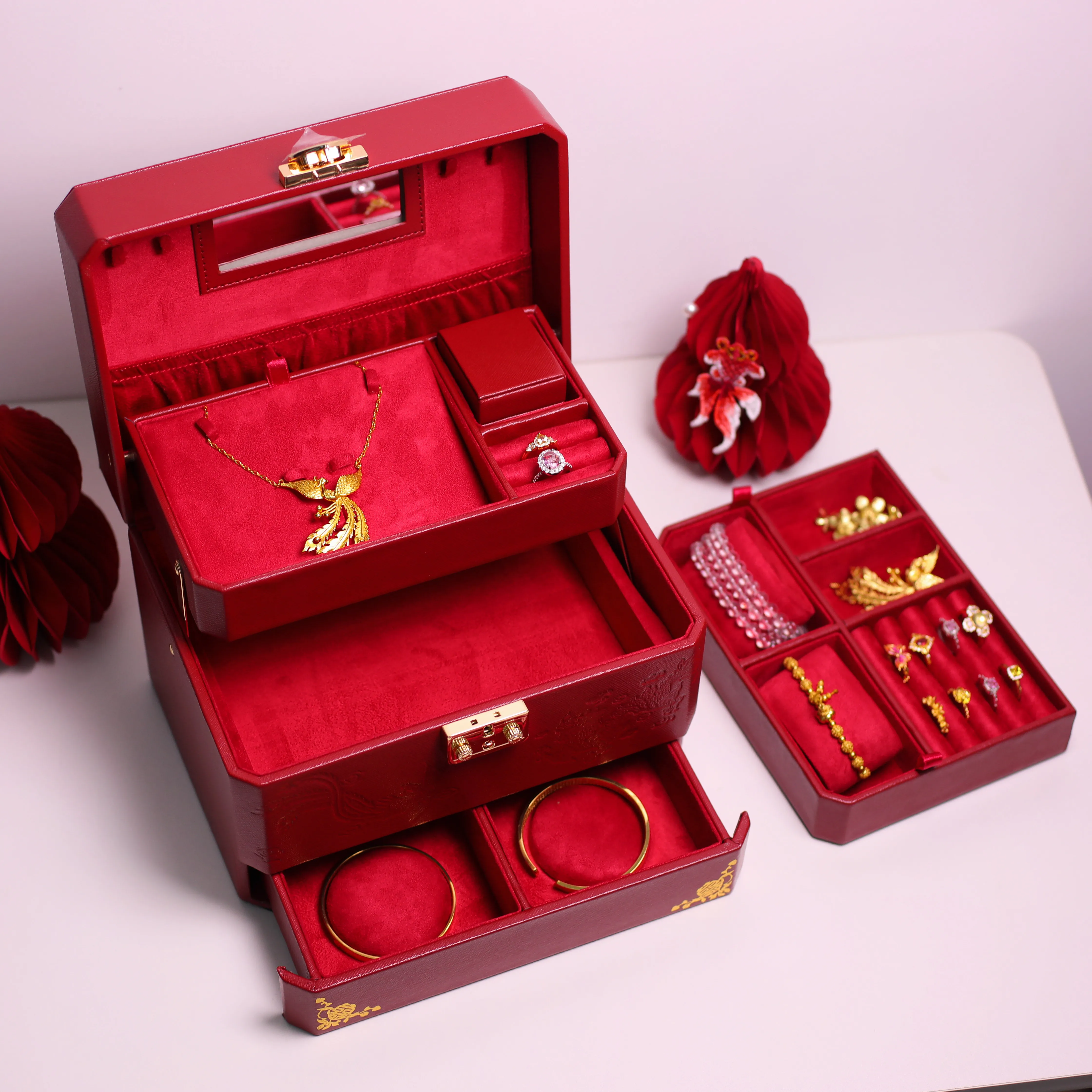 Three gold jewelry box, wedding jewelry, gold hardware, gift box, ring pendant, engagement gift, jewelry packaging and storage