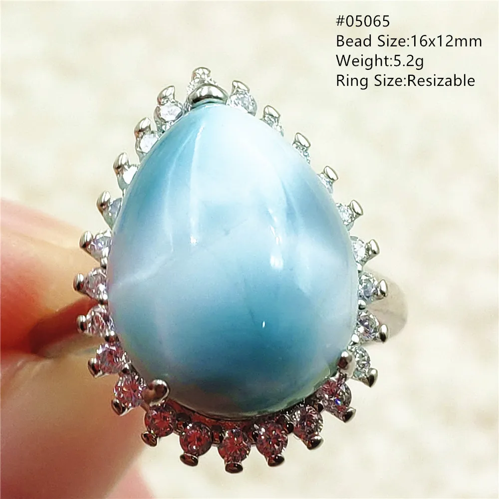 Natural Blue Larimar Adjustable Ring 925 Sterling Silver Larimar Gemstone Women Men Water Pattern AAAAA