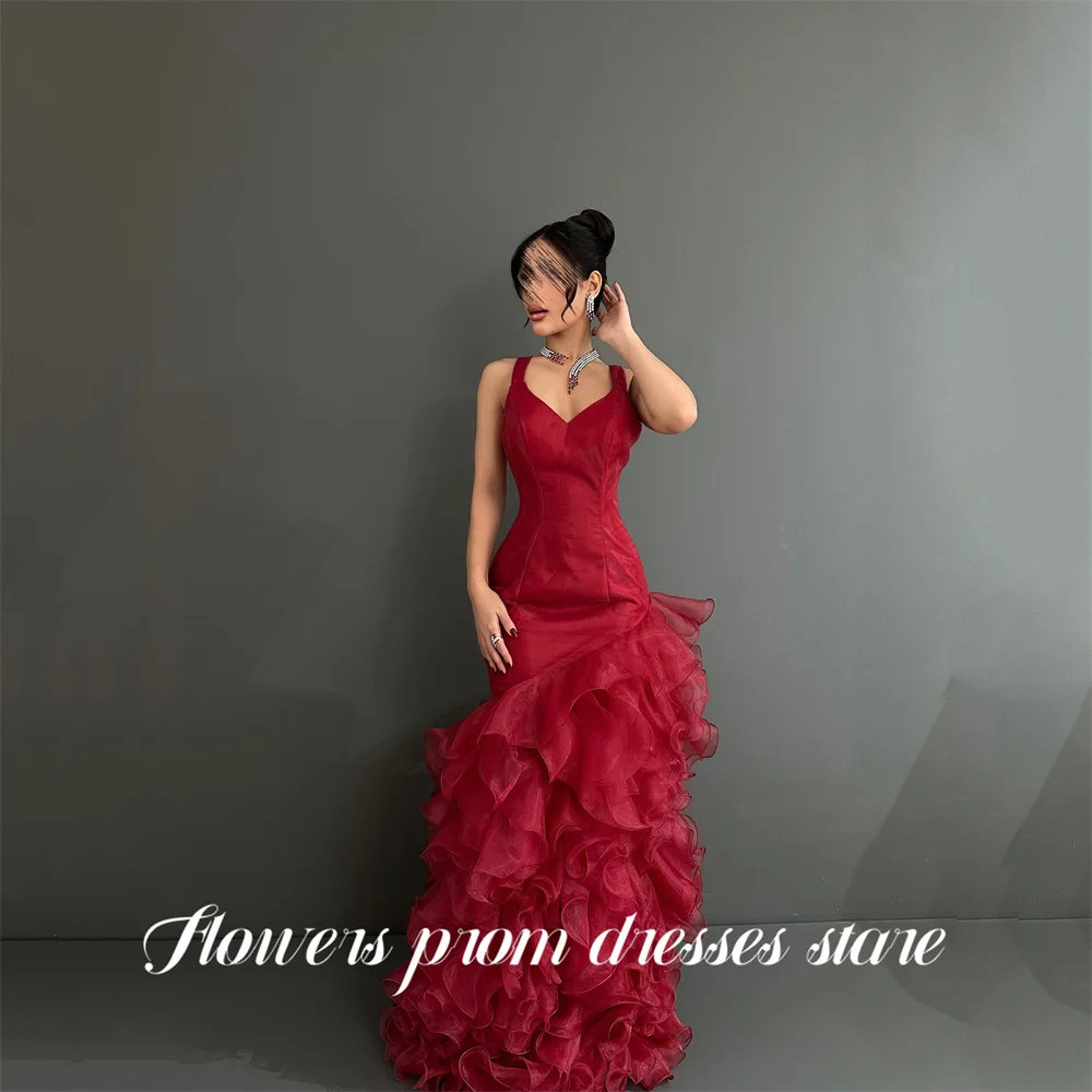 

Flowers Red Charming Evening Gown Sweetheart Prom Dress Sleeveless Ruffled Wedding Party Dress Satin robes de soirée Customized