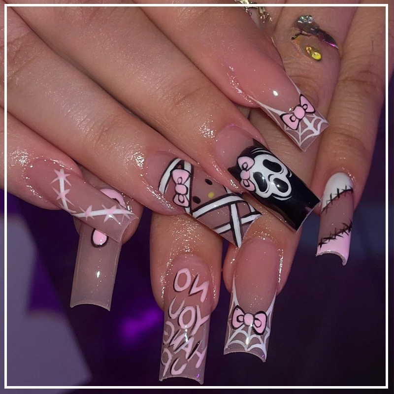 

24PCS Y2k Halloween Fake Nail with Pink Cartoon Graffiti Bowknot French Press on Nail Full Cover Wearable Long Square False Nail