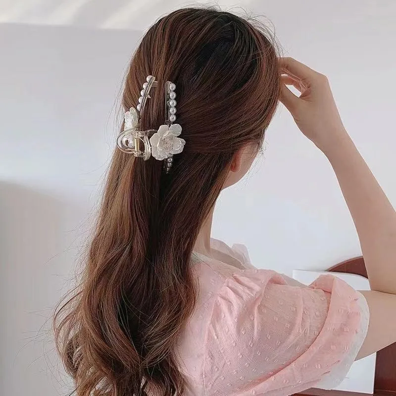 مشبك إمساك على شكل زهرة اللؤلؤ، مشبك شعر كبير على شكل قرش، دبوس شعر للرأس الخلفي