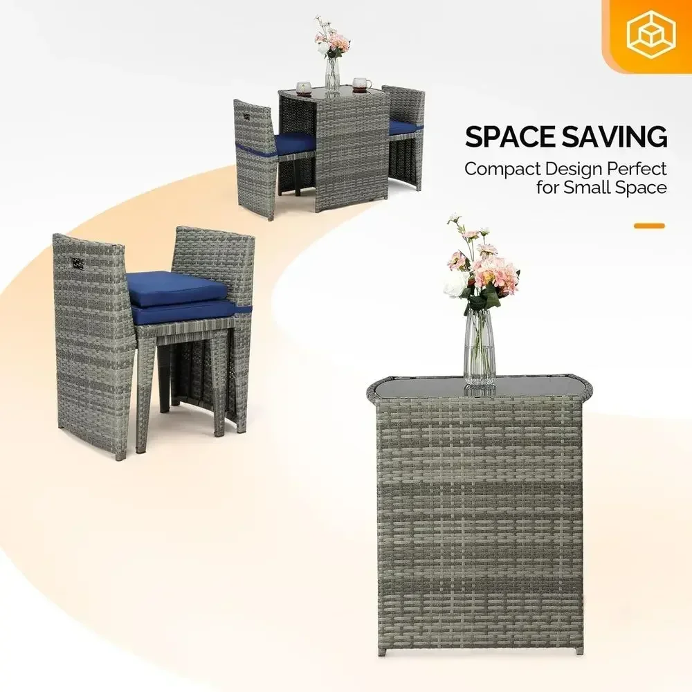 Grey Outdoor Patio Bistro Set with Glass Top Table and Chairs for Balcony, Small Spaces, or Garden