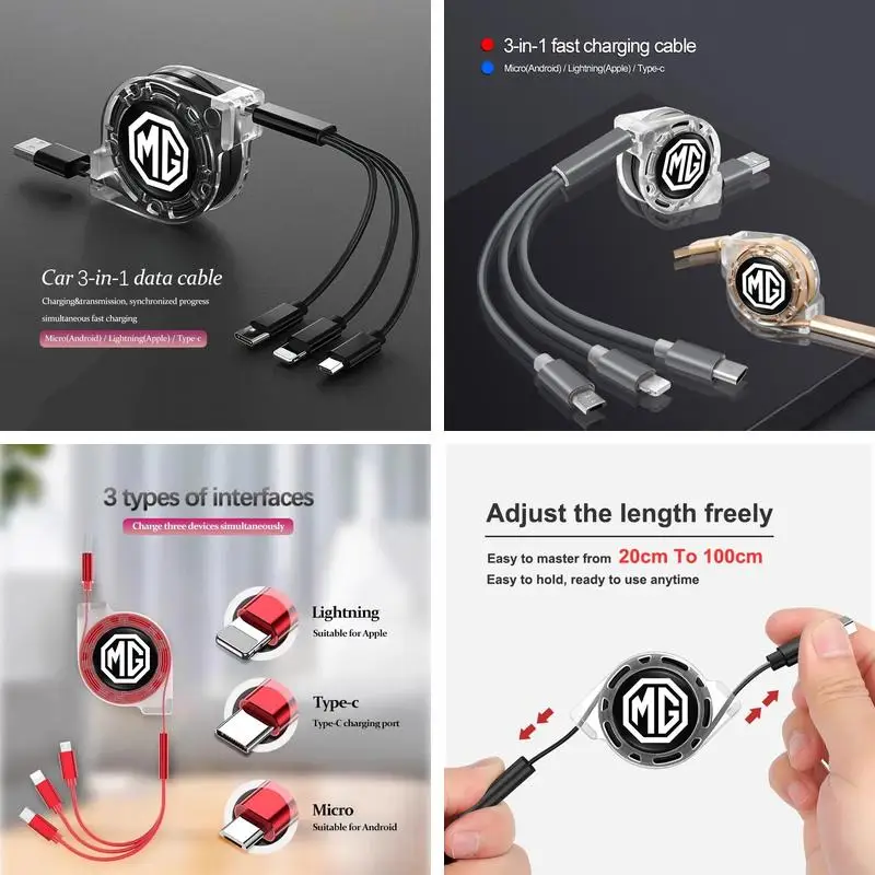 MG Specific Telescopic 3 in 1 Vehicle Charger Cable Fit ZS EV HS GT One, Multi Port Fast Charging Data Cord Car Interior Decorat