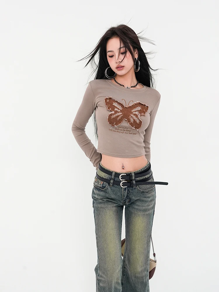 American Style Spicy Girl Long Sleeve Round Neck T-shirt Women's Embroidered Slim Naked Tight High Waist Short Top IPV3