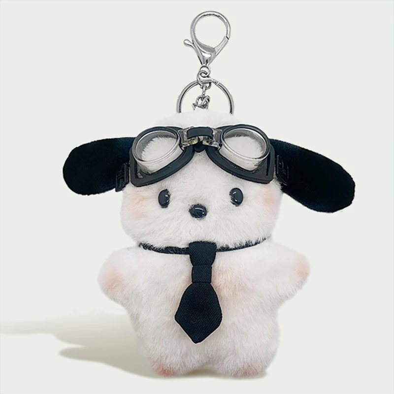 Kawaii Pilot Dog Keychains Plushies Sanrio Keychain Cute Pochacco Bow Keyring Car Mirror Decoration Bag Pendant Christmas Gift