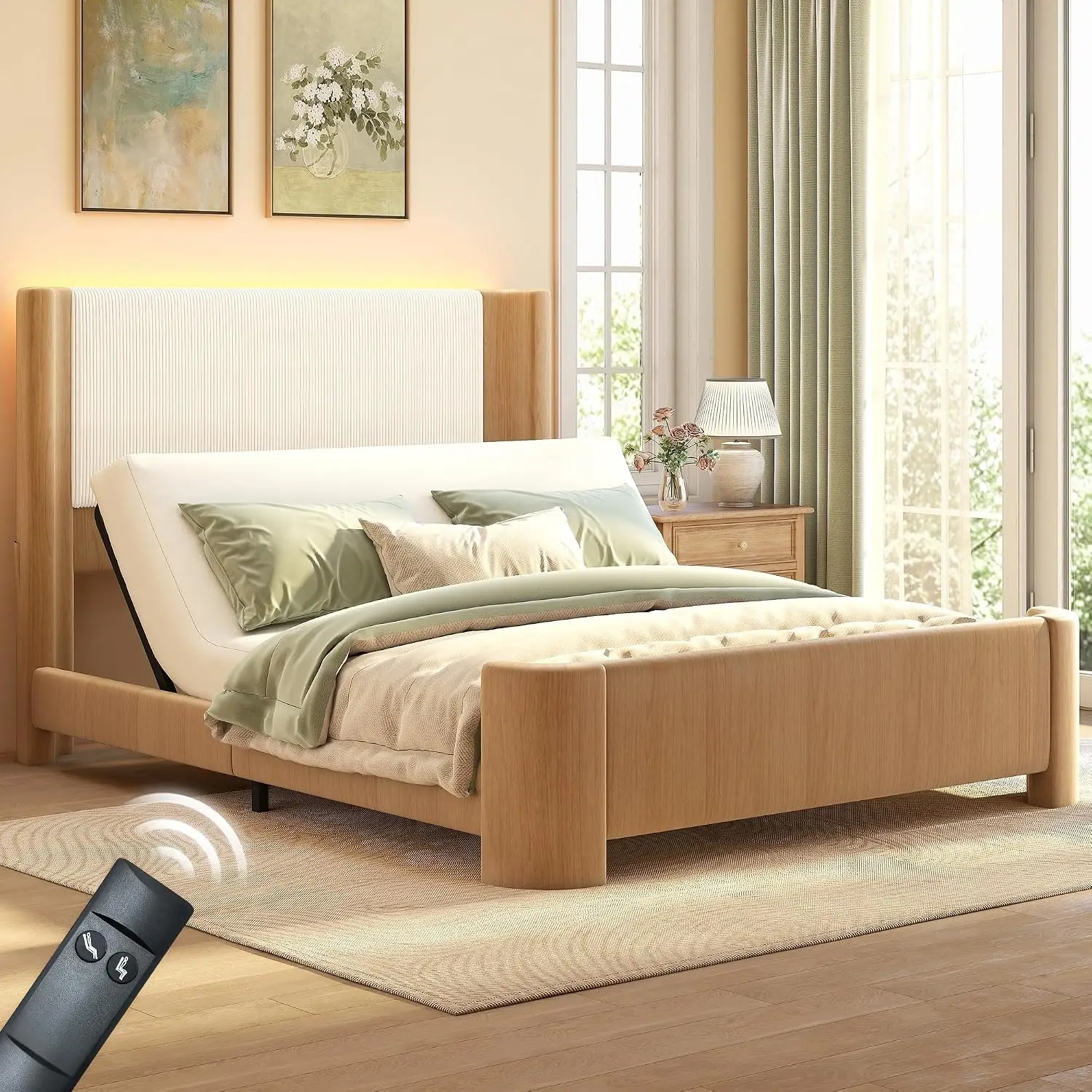 Queen Adjustable Bed Frame, Faux Leather  Beds with Natural Oak Wood Grain Printed Finish, LED Upholstered , Customized