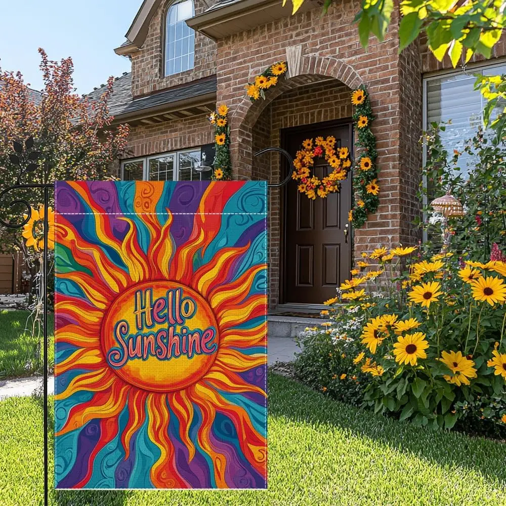 Hello Sunshine Summer Garden Flag for Outside 12x18 Inch Double Sided Burlap Colorful Sunshine Farmhouse Holiday Yard Flag D IIK