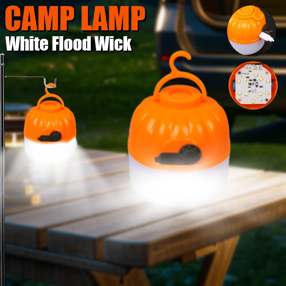 LED Camping Mini Pumpkin Light USB Rechargeable Lantern Protable Tent Light with Hook 4 Modes Outdoor Emergency Floodlight Torch