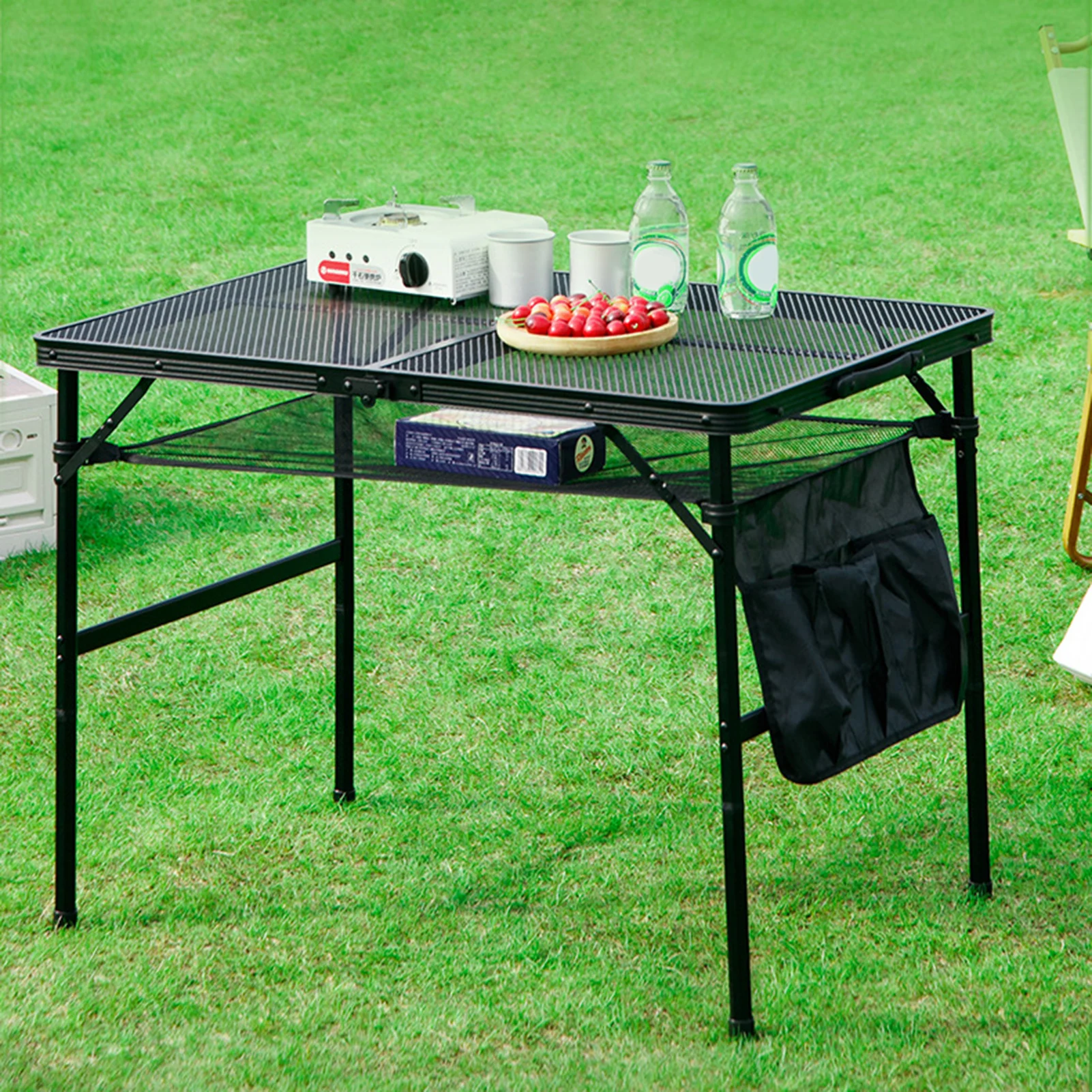 1 Set Outdoor Folding Table with Mesh Layer Side Pocket Lightweight Aluminum Alloy Height Adjustable Camping Hiking Picnic BBQ