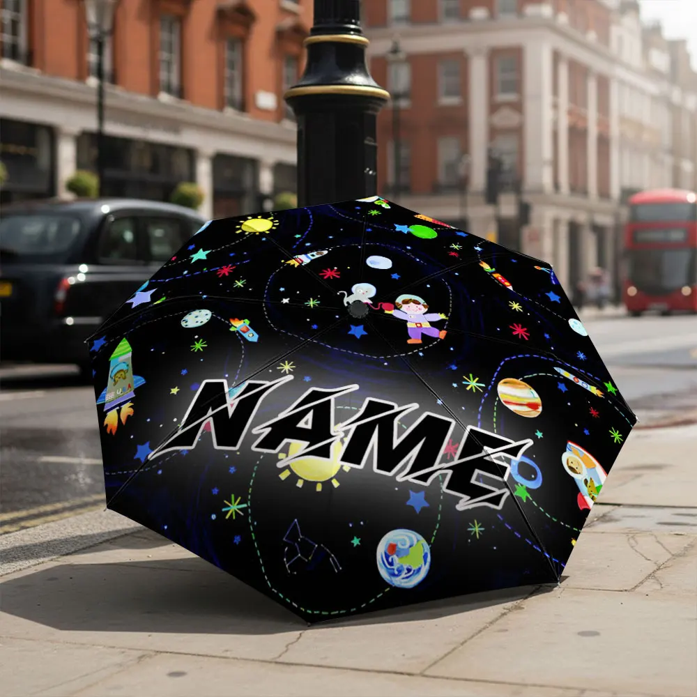 Custom Name umbrella,Colorful Cosmic Adventure Umbrella with Astronauts, Aliens,Rockets,Folding Umbrella for Sunny and Rainy
