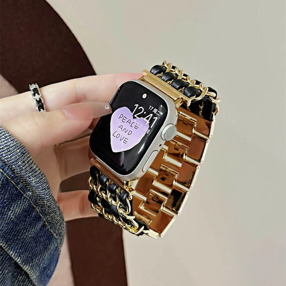 سوار أنيق فاخر لساعة Apple Watch 10 9 8 7 6 5 4 3 2 SE Ultra Band 38 مم 40 مم 41 مم 42 مم 44 مم 45 مم 46 مم 49 مم أساور جلدية مضفرة معدنية للنساء
