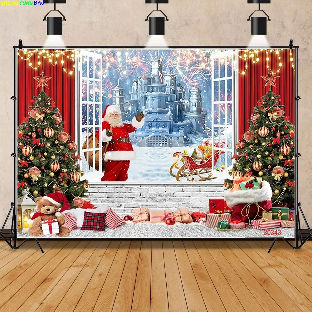 

Vinyl Custom Christmas Tree Window Wreath Photography Backdrop Wooden Doors Snowman Cinema Pine New Year Background Prop PNT-02
