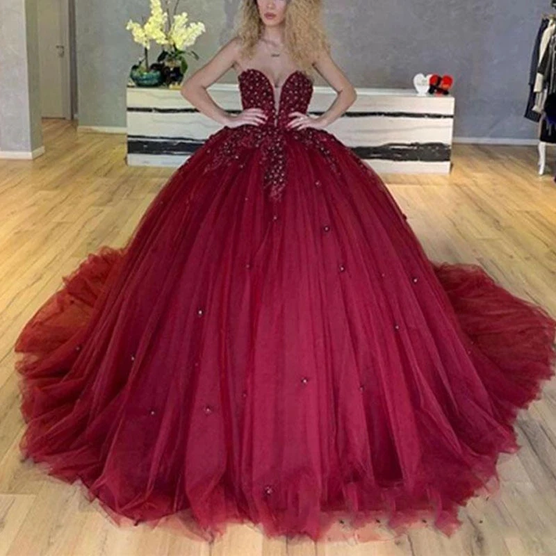 

Angelsbridep Burgundy Sweetheart Pearls Ball Gown 15 Year Old Girls Quinceanera Dresses Ruffles Party Gown Robe De Bal