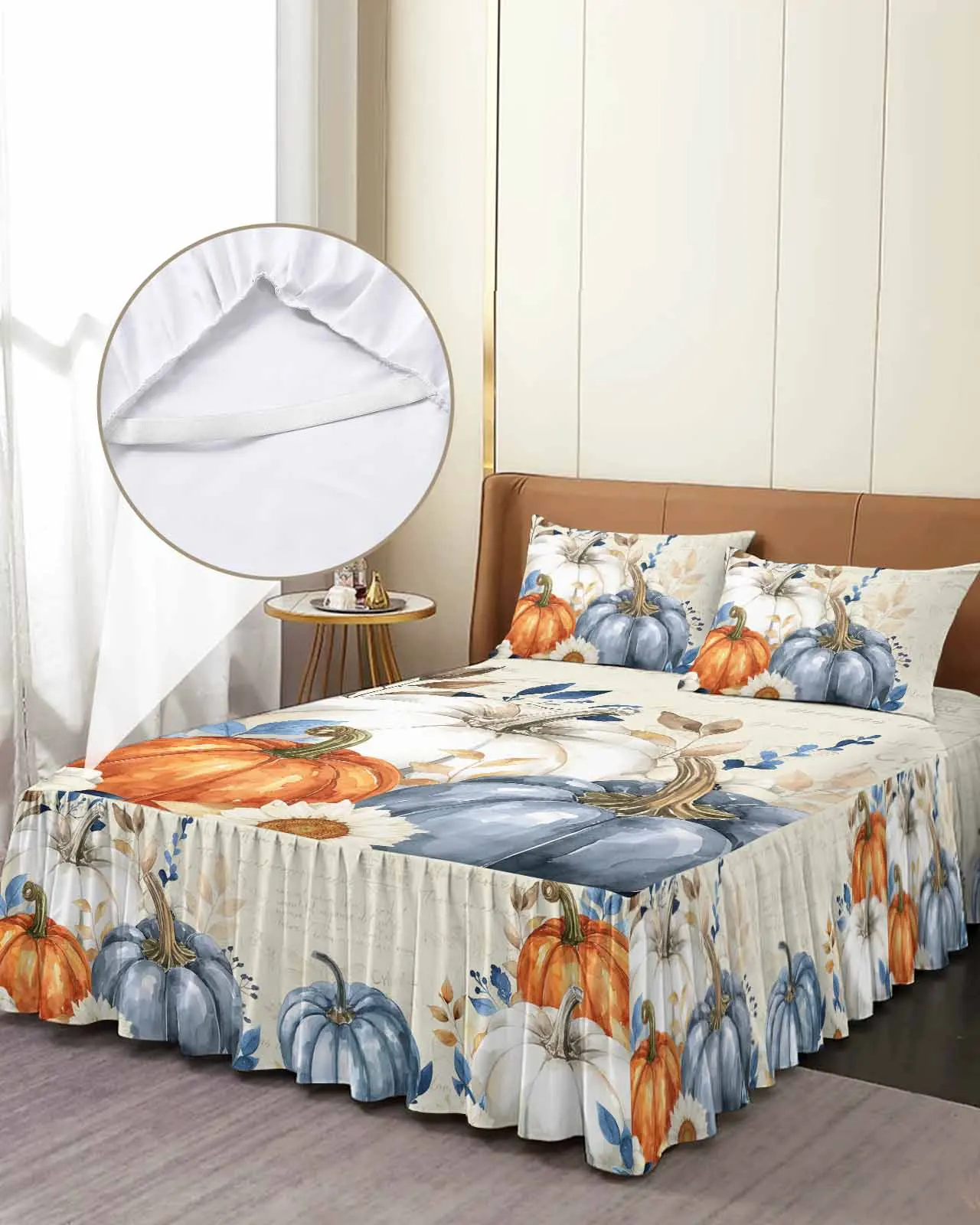 

Thanksgiving Autumn Leaf Pumpkin Skirt Elastic Fitted Bedspread With Pillowcases Mattress Cover Bedding Set Bed Sheet