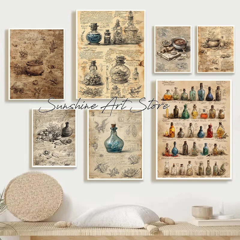 Image of Hexenzauber Buchseiten Trank Buch Vintage Gothic Zauberer Hexe Cottage Kunst Magie Poster Leinwand Malerei Wand Bilder Home Decor