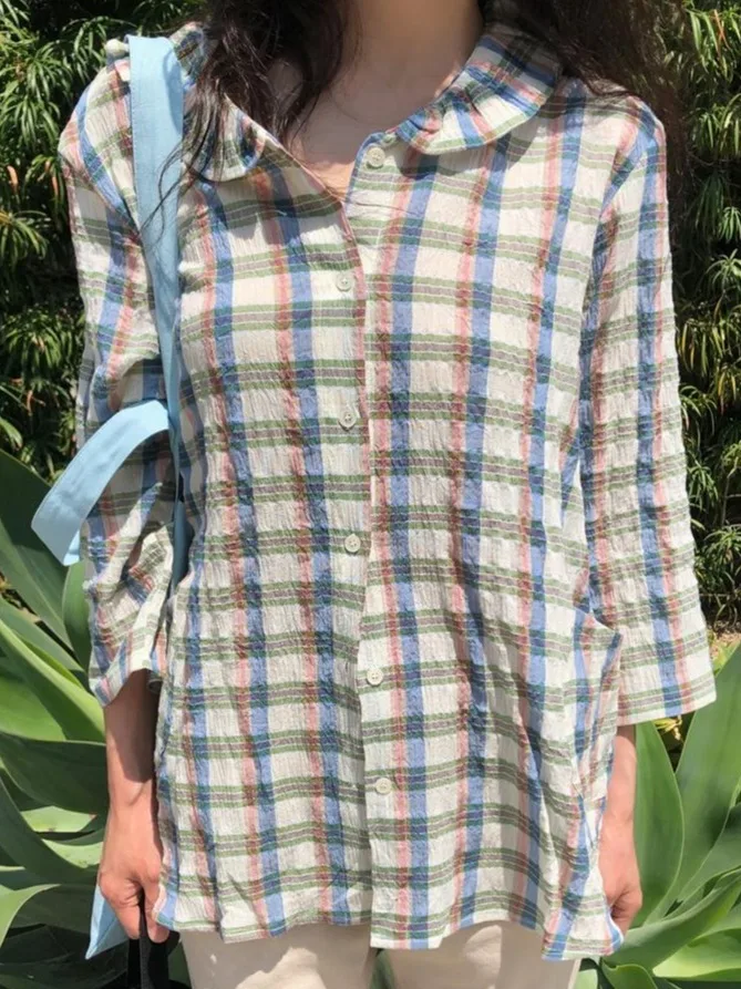 

Fre Plaid irt Women's Single Button Sun Protection Top Cute Doll Collar Summer 2025 Japanese Sle Anti-Aging