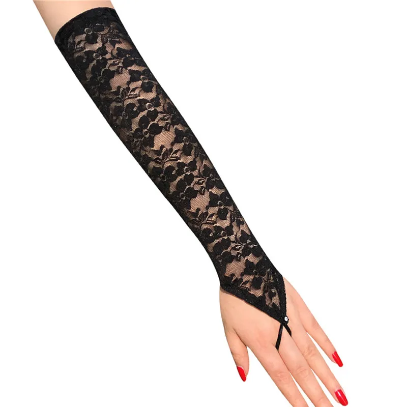 Arm Elbow Gloves Stretch Women Fingerless Long Lace Gloves Dress Accessories Sexy Floral Transparent Elegant Arm Sleeve White image 3