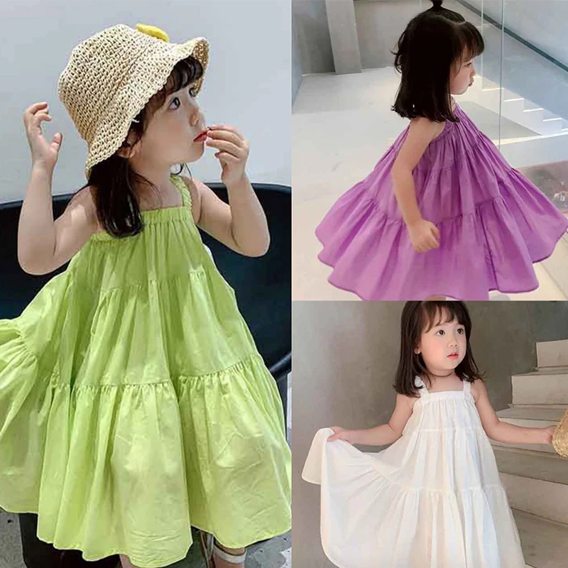Kids Baby Girls Sling Dress Summer Girl Dress  Beach Dresses Purple Fluorescent Green White Dress Children's Clothes 2-7Years
