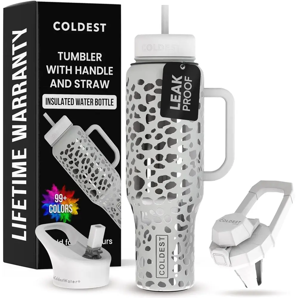 

100% Leak-Proof Insulated Stainless Steel Tumbler with Handle, 3 Lids, 46 oz Silver Leopard Design