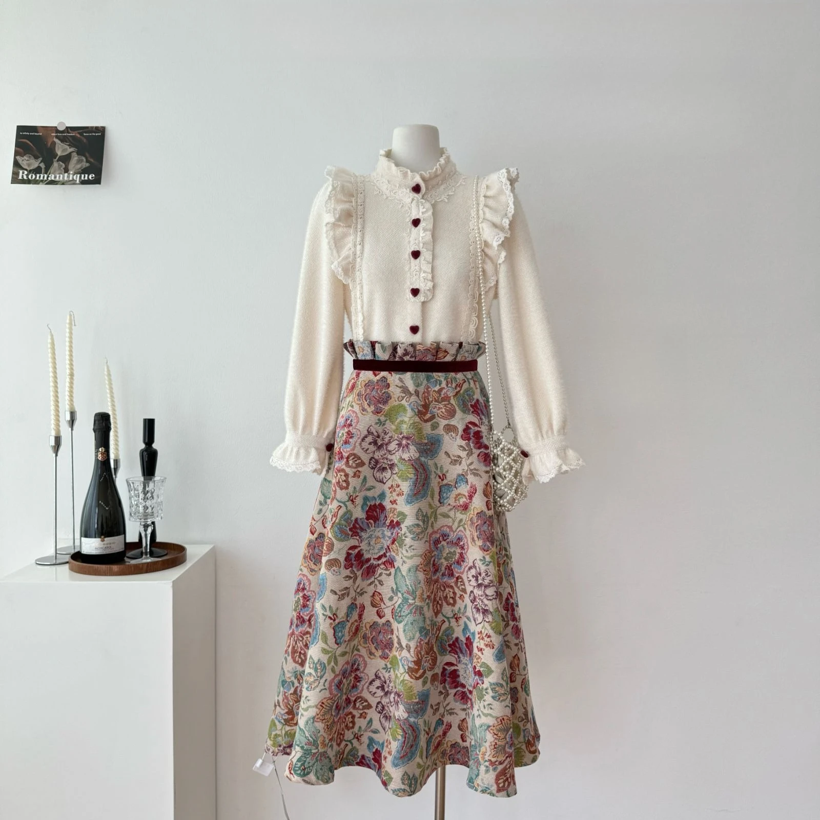 الخريف الفرنسية خمر البوهيمي 2 قطعة مجموعة النساء على شكل قلب أزرار تكدرت قميص الجاكار اللون كتلة تنورة طويلة مجموعة عادية