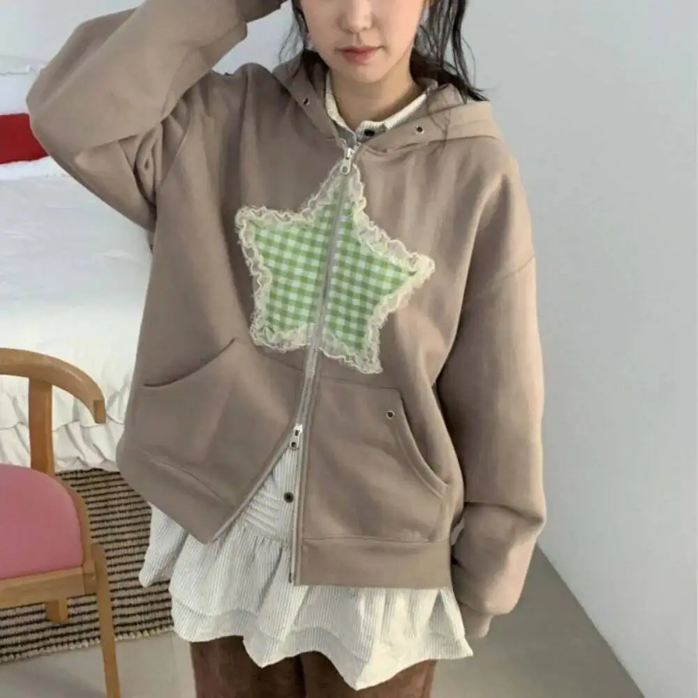 

Винтажная повседневная толстовка с капюшоном на молнии и принтом звезды, кружевная лоскутная свободная толстовка меньшинства, уличная одежда, уличный топ