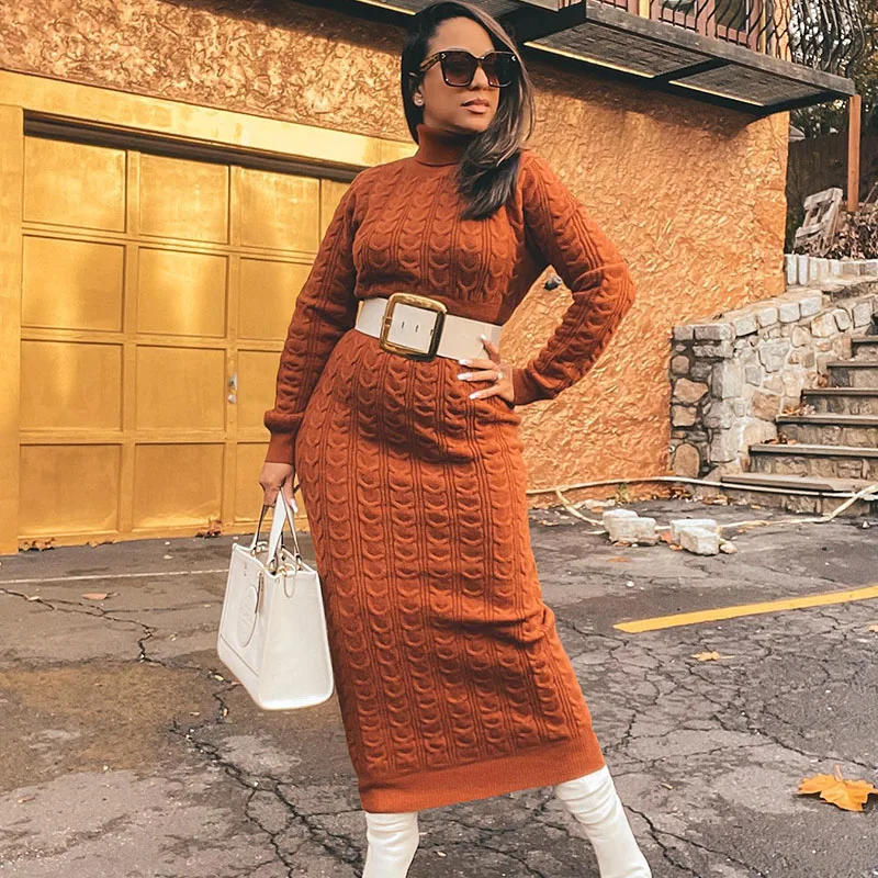 Knit Ribbed Sweater Dresses for Women 2022 Winter Clothes Warm Turtleneck Long Sleeve Maxi Dress Elegant Club Party Long Dress