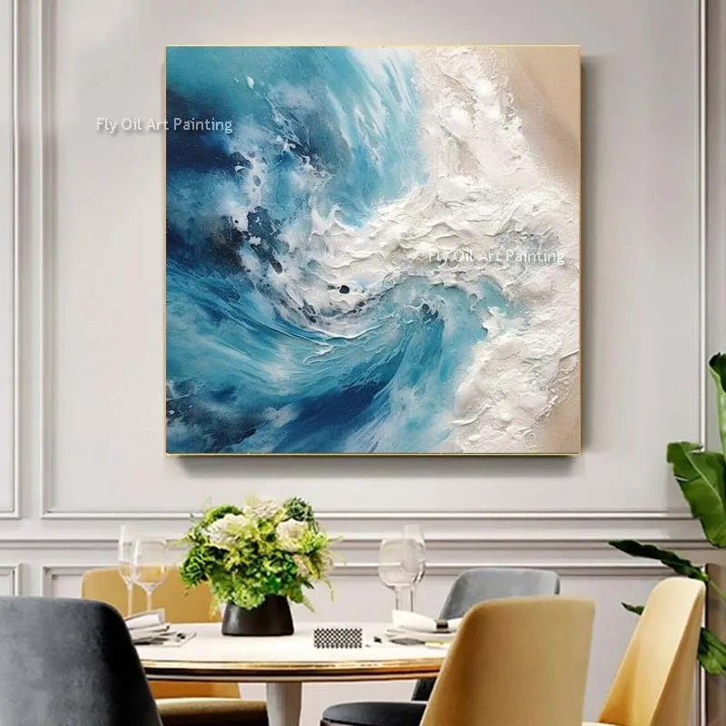 Blue Ocean Beach Landscape Oil Painting Hand Painted Modern Sea Waves Ocean View Canvas Artwork Decor For Home Offcie Unframed