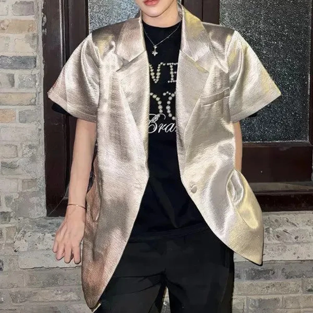 

Mens Jacket Shiny Shoulder Pad Ballroom Jacket Summer Streetwear Nightclub Stage Performance Fashion Short-Sleeve Top Men'S Wear