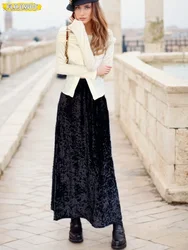 Charming Velvet Midi Skirt Autumn Winter Women A-line Slimming Feminine Elastic High Waist Lady Solid Long Maxi Skirts