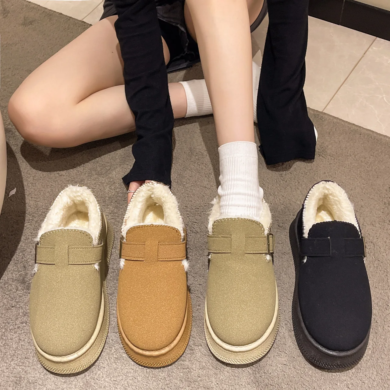 Buty Kobieta 2024 Chodaki Platforma Casual Female Sneakers Slip-on Round Toe Shallow Mouth Flats Loafers Fur New Creepers Comfortabl