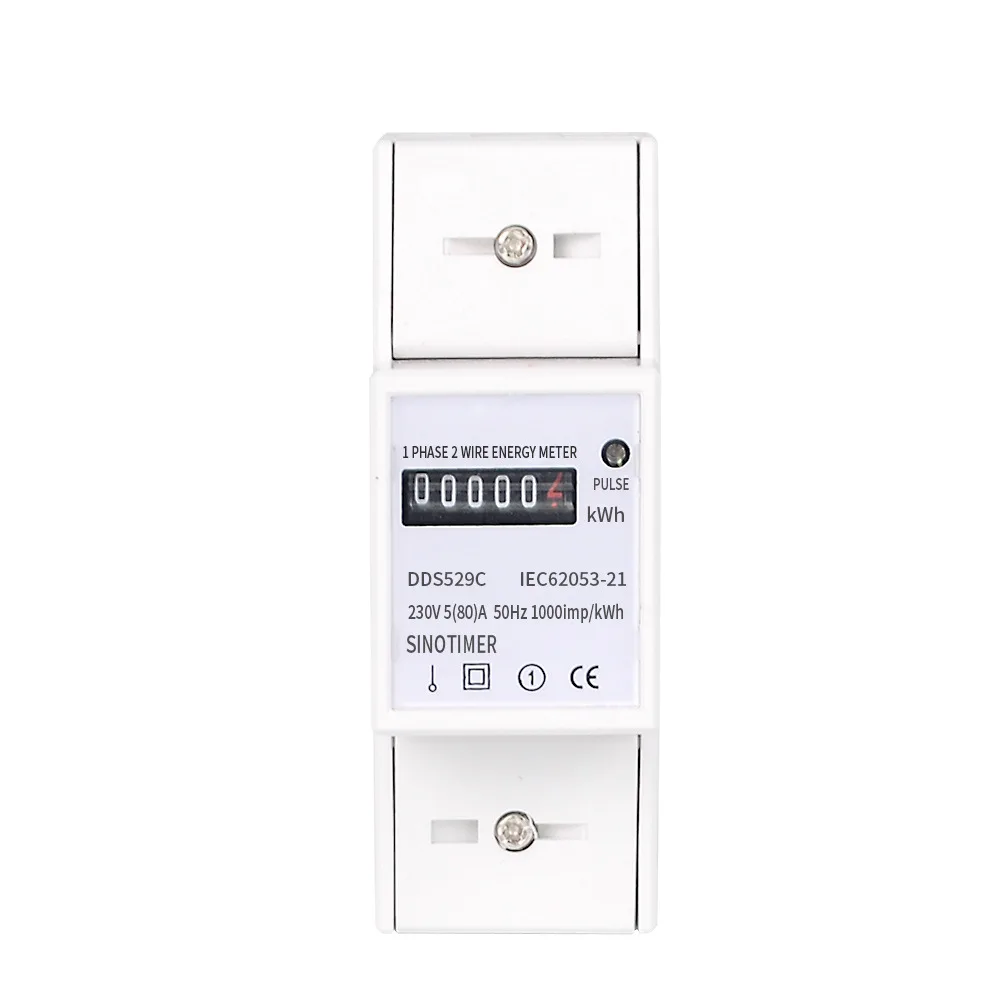 DDS529C1 Digital Single Phase 2 Wire Electric Energy Counter AC 230V 5-80A Analog Watt Measurement Meter 35mm DIN Rail Mounting