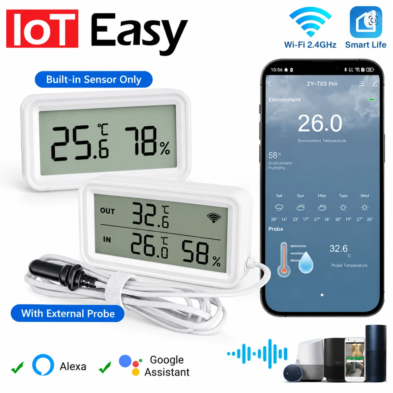 NEW Tuya WiFi Zigbee Sensor Temperature Humidity Meter Digital LCD Convenient With Smart Life Google Assistant,With External Pro