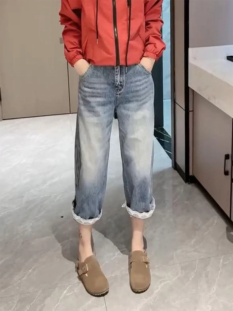 

High Waist Wide Leg Jeans Women's Spring Thin Straight Cut Loose Fit Slimming Harlan Denim Pants plus Size Nine Points