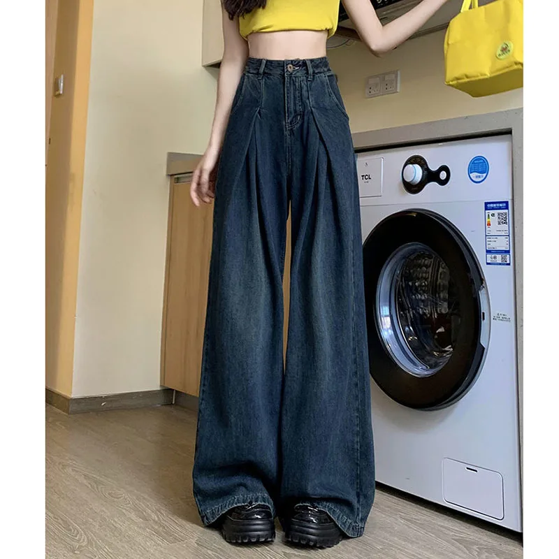 

American Wide-leg Jeans for Women 2024 Autumn Winter High-waisted Loose Straight Pants Korean Fashion Elegant Woman Waist Jean