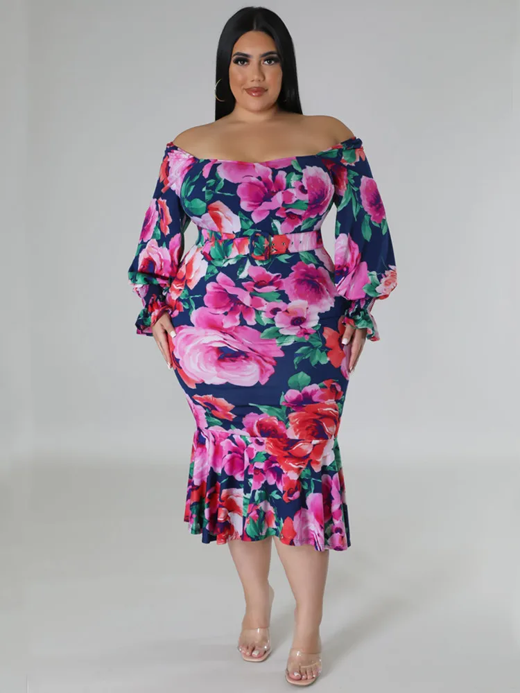 Wmstar Plus Size Dresses for Women Summer Holiday Clothing Floral Print Off Shoulder Maxi Dress Wholesale Dropshipping with Belt