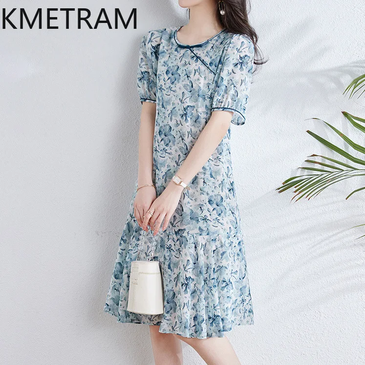 

KMETRAM 100% Mulberry Silk Dress Woman Print Elegant Dresses for Woman Clothes High Quality Mid Length Dresses 2025 Woman