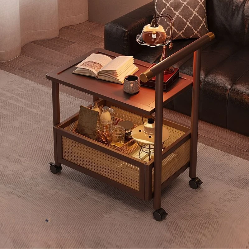 Bamboo High-end Side Table 2 Layers Coffee Tables Mobile Coffee Table Wheels Trolley Home Storage Rack Living Room Decor