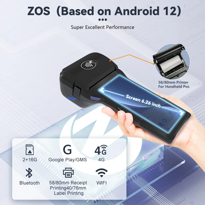 Android 12.0 80mm Touch Screen Pos Z93 Fingerprint Handheld Android Pos Terminal With 80mm Printer Point Of Sale Systems