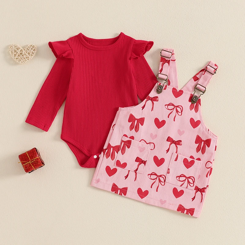 Baby Girls Valentines Day Outfit Ribbed Ruffle Long Sleeve Romper Heart Bow Print Overall Dress Newborn Clothes Set