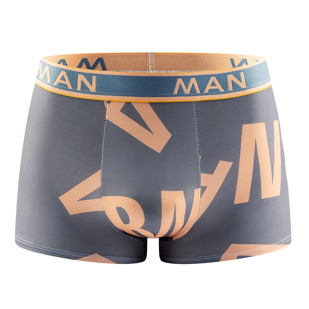 Trendy Men's Boxer Briefs Shorts Breathable Ice Silk Fabric Bulge Pouch Fashionable Letter Print Available in Various Colors