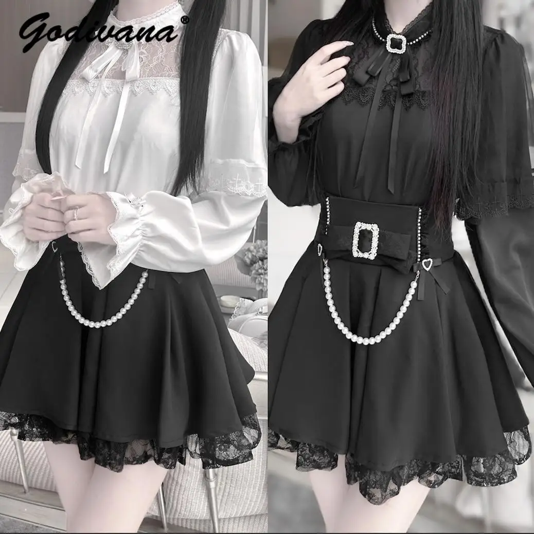 Japanese Mine Series Mass-produced Outfits New Spring Women's Sweet Lace Long-sleeved Pearl Blouse Shirt Black Short Skirt