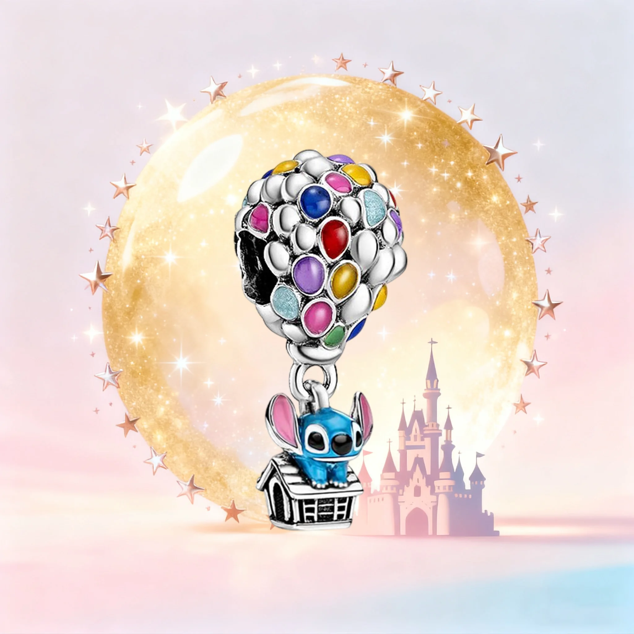 

S925 Серебряный Шарм Disney Stitch, воздушный шар и бусина с дизайном дома, подходит для змеиной цепи, ювелирный подарок для фанатов Диснея