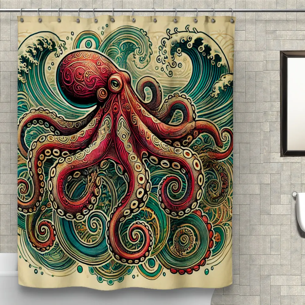 Vibrant Octopus and Ocean Waves Shower Curtain, Perfect Nautical Bathroom Decor, High-Quality Fabric, Multi-Size