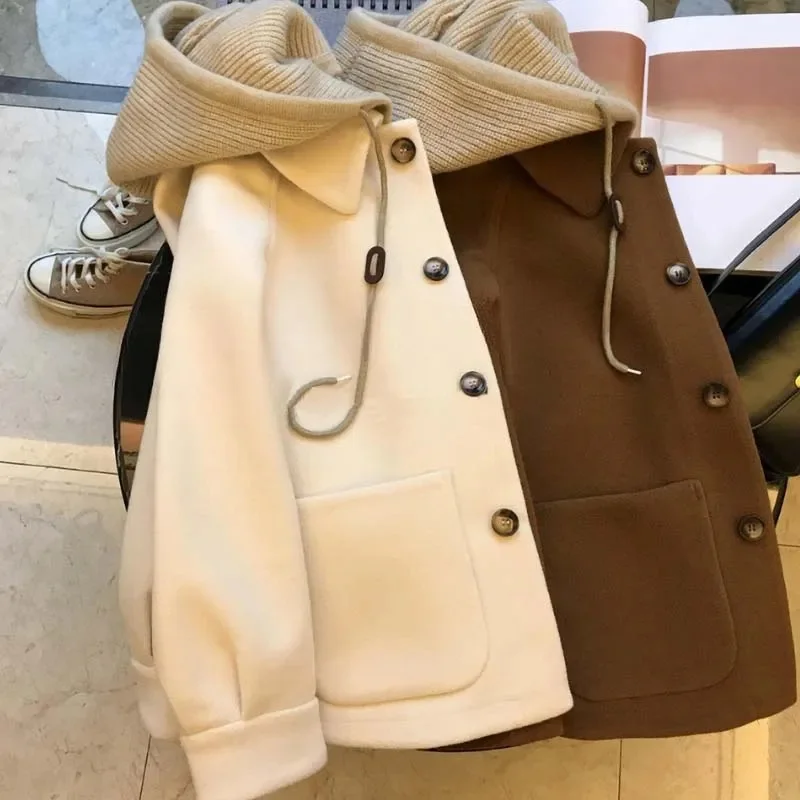 Brown Winter 2023 Warm Fashion Design of Everything Match Hepburn Style Stitching Knit Hooded Woolen Coat Women's Pure Color X