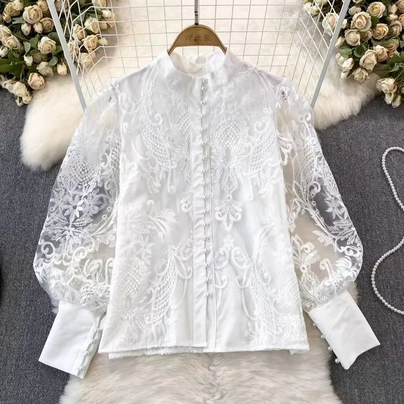 French Elegant Autumn Winter Lace Embroidery Blouses Tops Women Single Breasted Lantern Sleeve Black Female Sexy Shirt Mujer