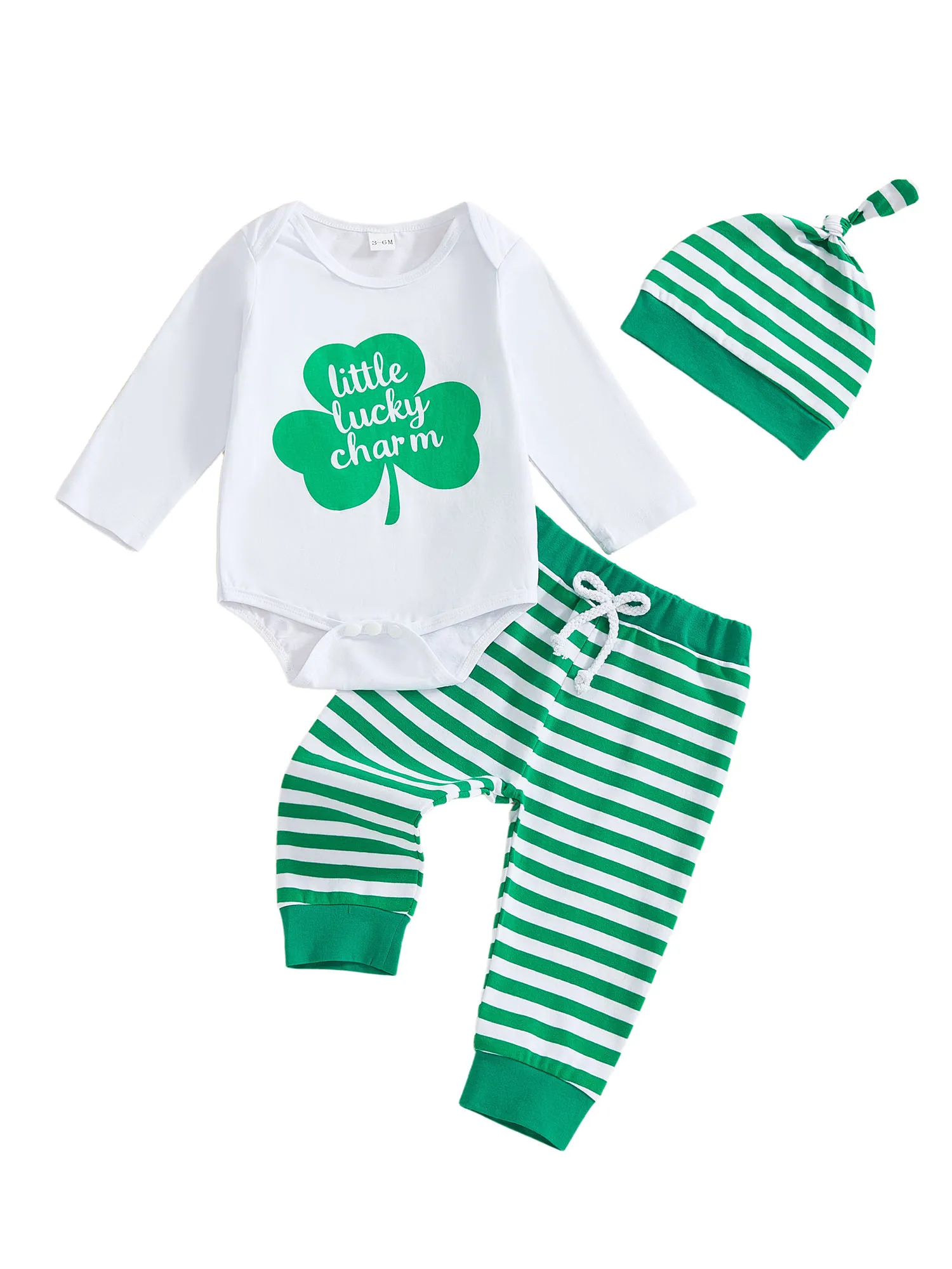 

Newborn 3-Piece Spring Ensemble Featuring Long-Sleeve Shamrock Print Pants and Matching Hat - Adorable Infant Apparel