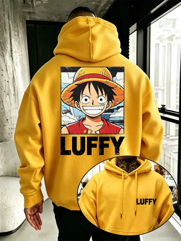 One Piece Monkey D. Luffy Hoodie mit Vorder- und Rückseiten-Print, Retro-Luffy-Porträt, Strohhut, Anime-Fan, lässiger Pullover mit Kapuze – Detail 7