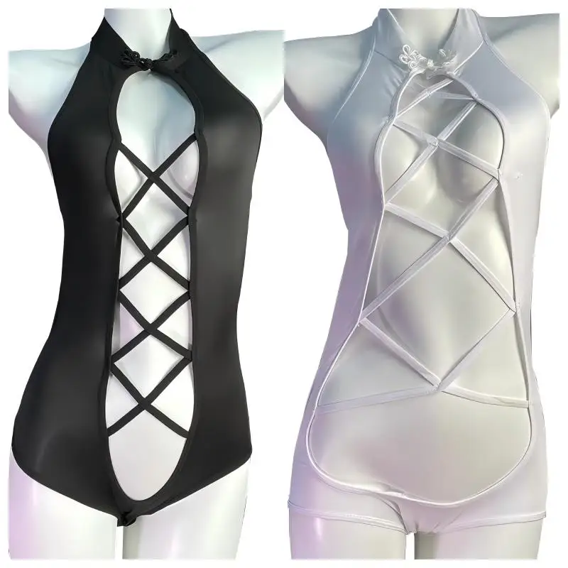 Summer Erotic Pajamas Open Crotch Lingerie Women Crossed Lines Hollow Sexy Strappy Backless Nightwear Cheongsam Sleepwear Suits