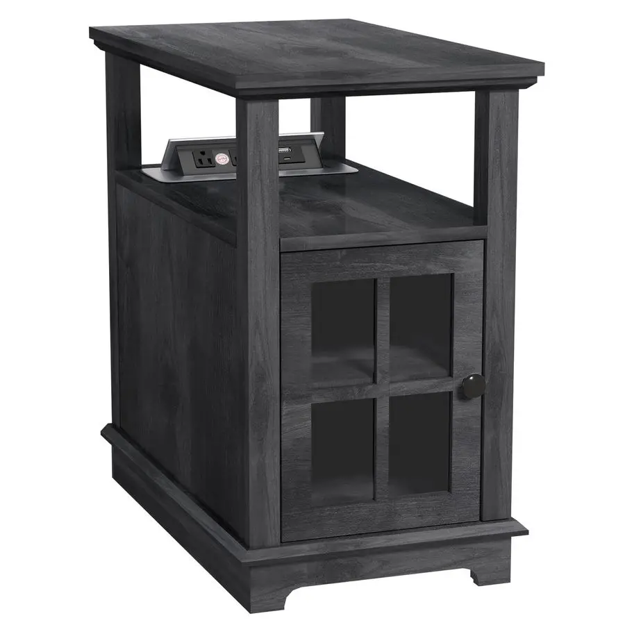 Narrow End Table with Flip Top Charging Station and Storage Cabinet, TypeC amp USB Port amp Power outlets, Adjustable Shelf, Bla